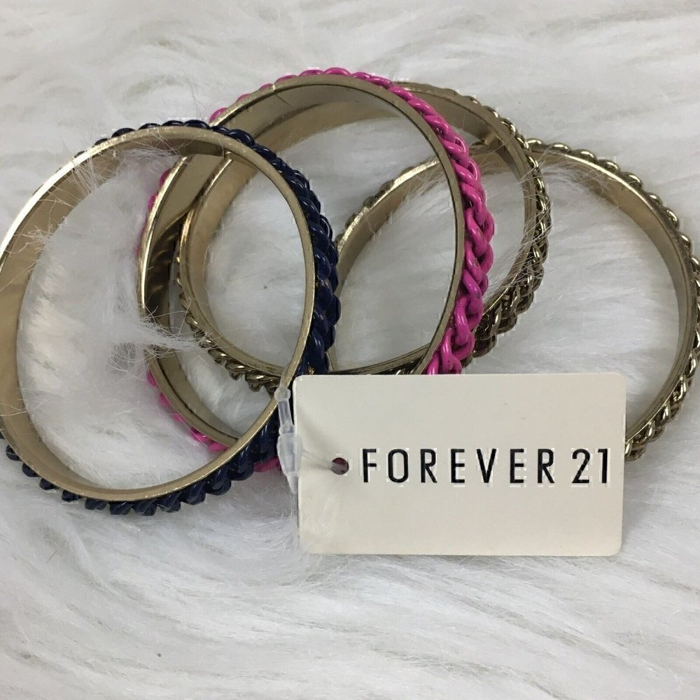 NEW Forever 21 Chain Style COLORFUL Enameled Gold Tone Set of 4 Bangles Bracelet